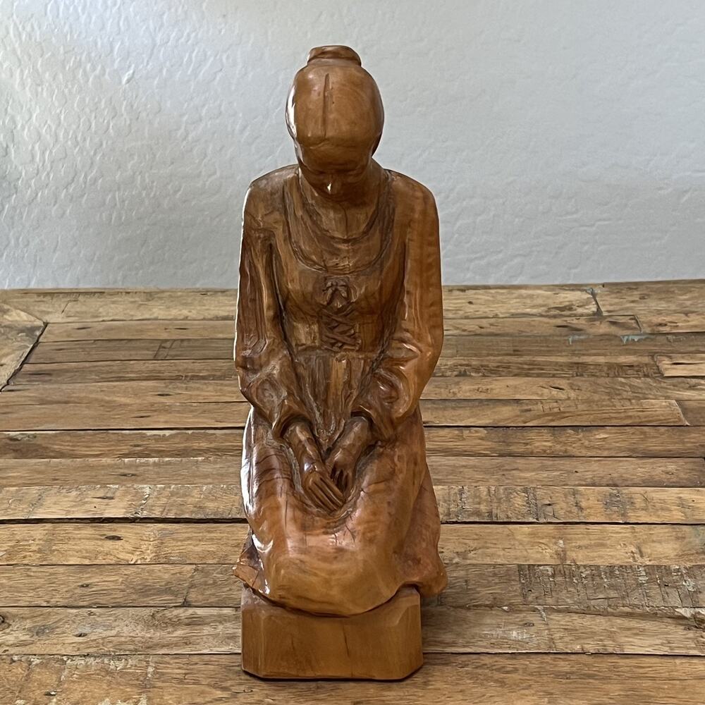 Vintage Olive Wood Sculpture Woman Kneeling Carved by Omar Bakri